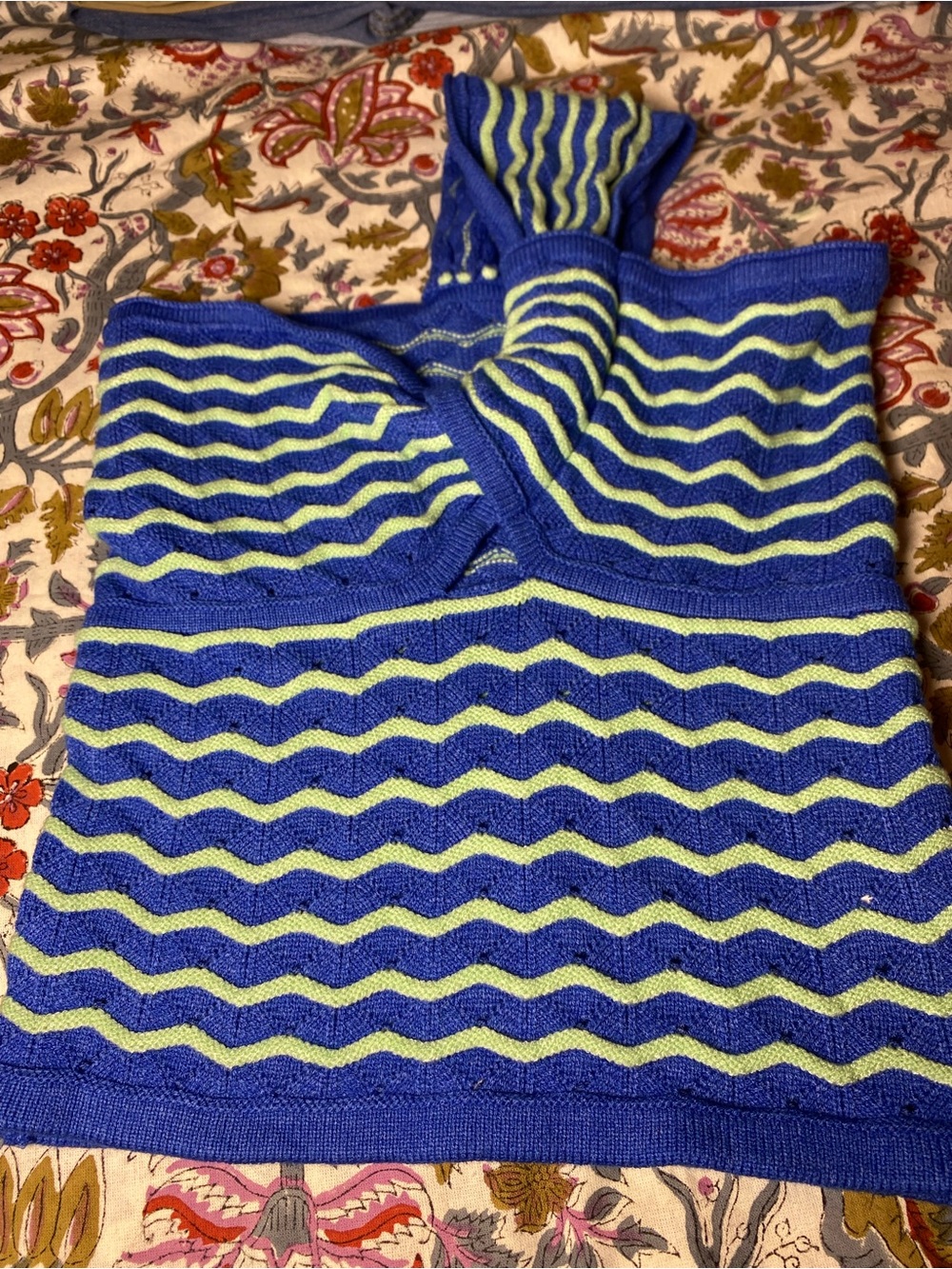 Striped Blue and Lime Cross-Front Knit Crop Top